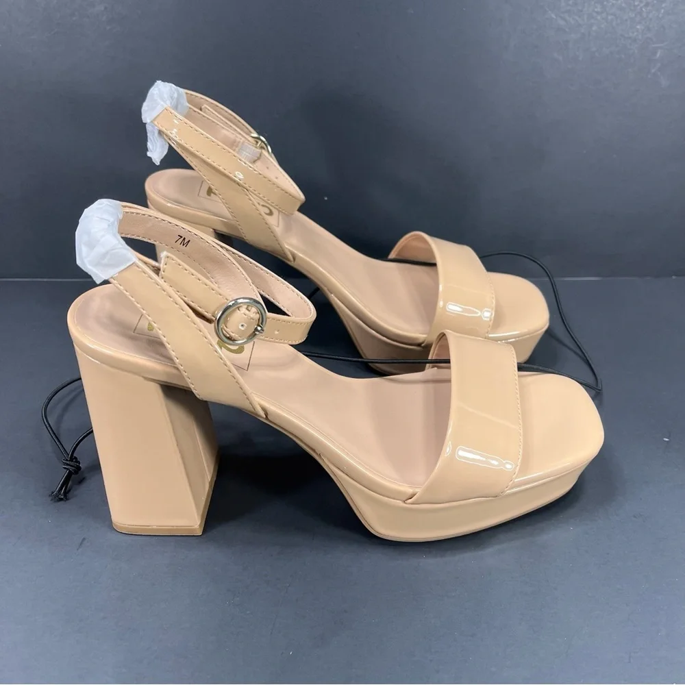 pop Tan Nude Patent Block Chunky Heel Sandals with Ankle Strap new in box size 7 - Picture 3 of 11